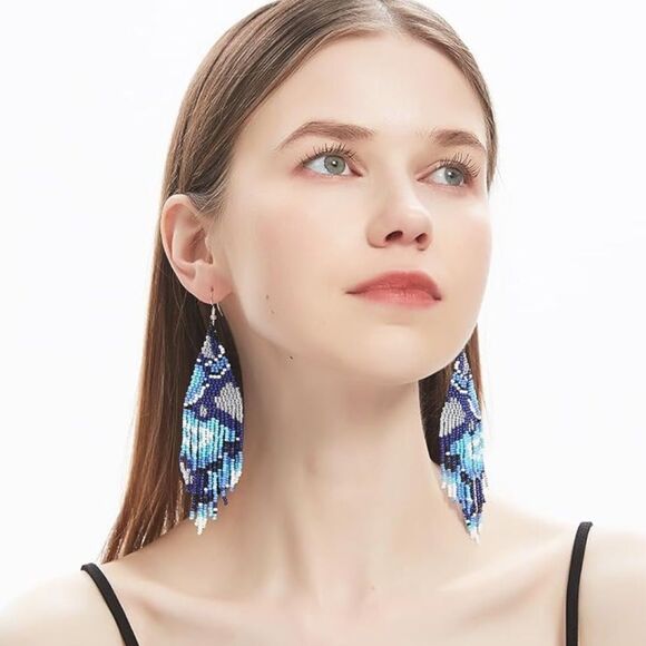 Abstract Bohemian Seed Bead Tassel Dangling Statement French Wire Hook Earrings - Picture 10 of 10